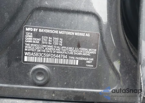 2015 BMW 535I xDrive из США, поврежденный, VIN WBA5B3C59FD544794